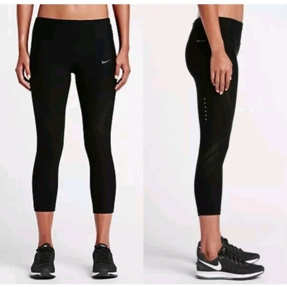 Nike Dri-Fit Epic Running Black Crop Tights Women's Medium Capri Drawstring W Pt